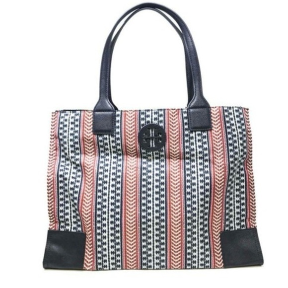 TORY BURCH “Ella” Blue/ Red Vertical Print Packable Nylon Tote - Picture 1 of 10